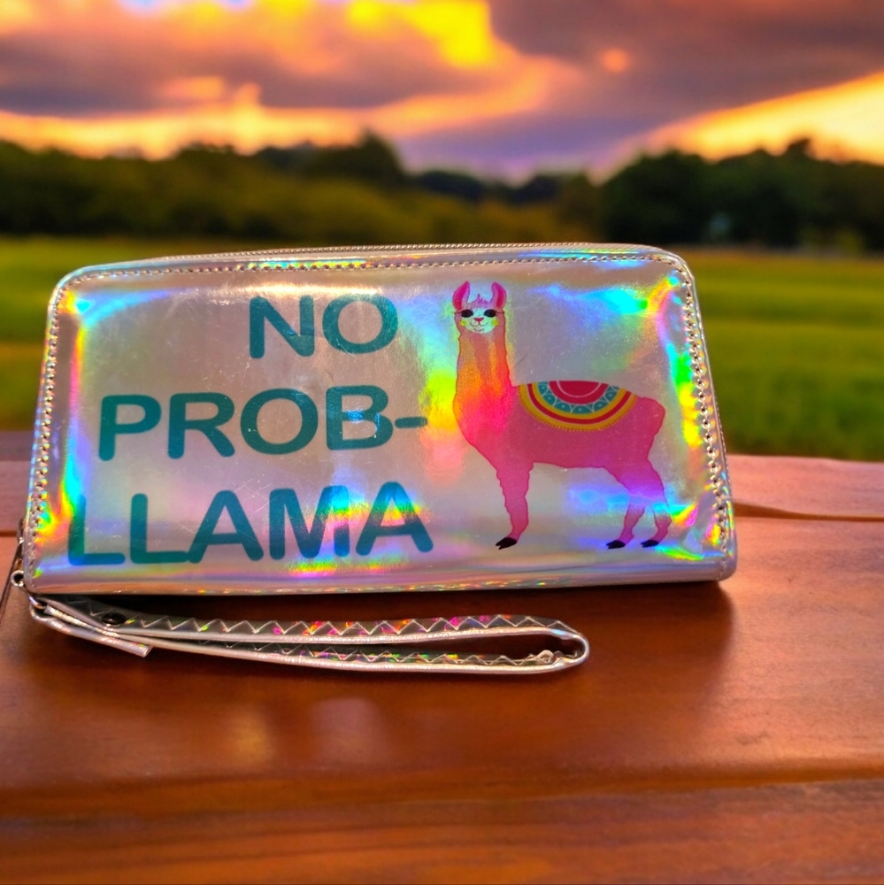 Wallet NO PROB-LLAMA iridescent silver wallet, catches the light Llama wristlet